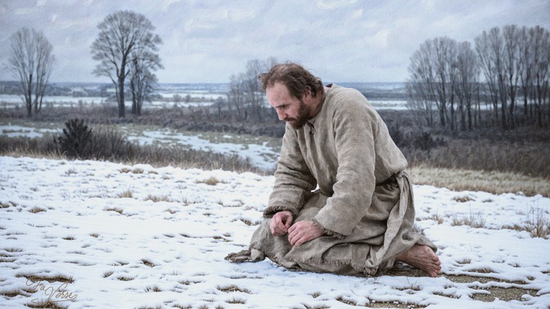 Sacred artwork by Faith and Verse. © Faith and Verse, 2025. All rights reserved. Saint Norbert kneeling barefoot in winter fields of 12th-century Central Europe, clothed in a coarse penitential habit, his hands gathered in prayer against frozen ground and thin snow—an austere rural landscape with bare trees and distant horizons reflecting the severity, poverty, and bodily cost of his early reform preaching in the Rhineland and Lotharingian world.