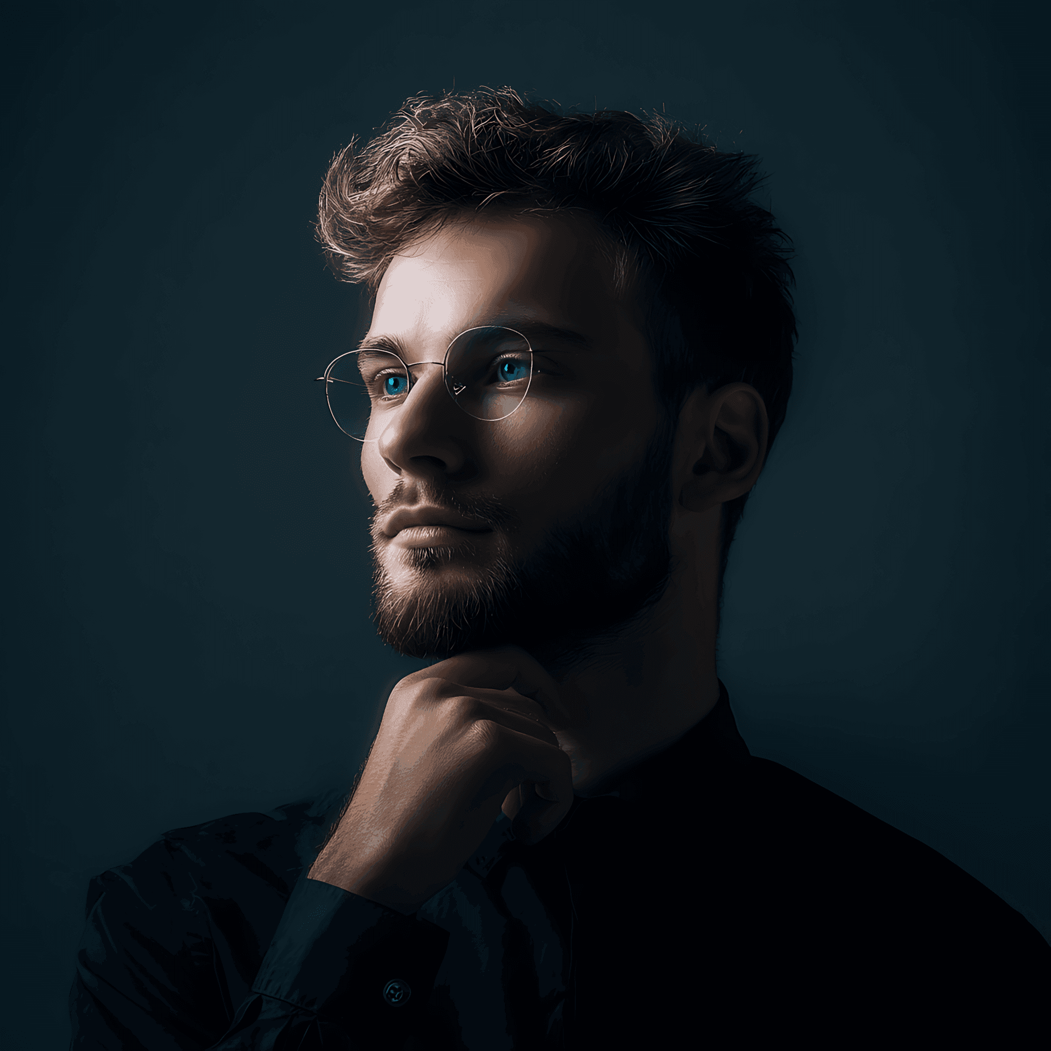 A portrait of a thoughtful man with a beard, glasses, and bright blue eyes, touching his chin