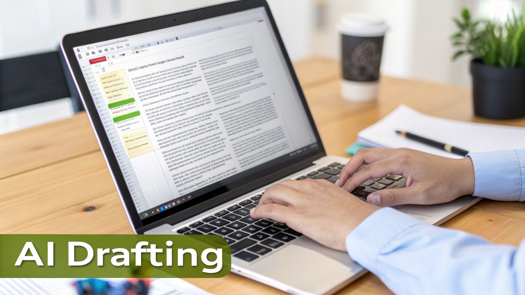 Person using a laptop with text documents and 'AI Drafting' overlay, representing legal document creation.