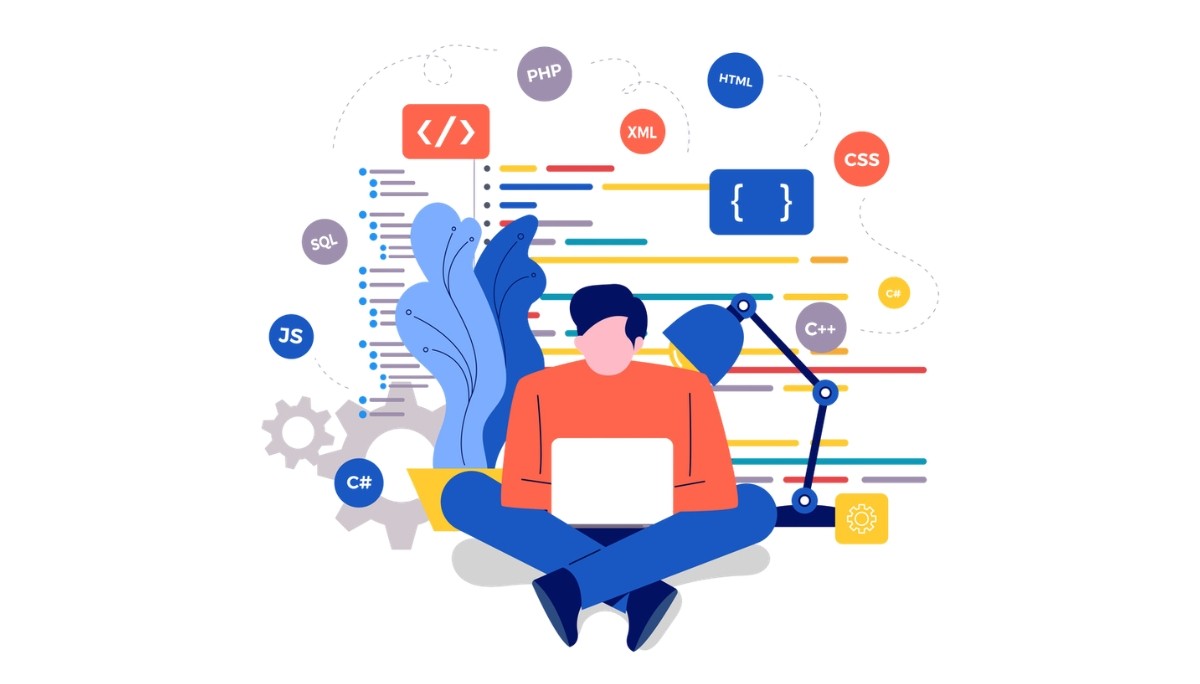 Illustration of a developer sitting cross‑legged with a laptop, surrounded by icons for programming languages like HTML, CSS, JavaScript, SQL, PHP, XML, C++, and C#, along with gears and code symbols, representing the skills, tools, and career path of full‑stack software engineers in 2026.