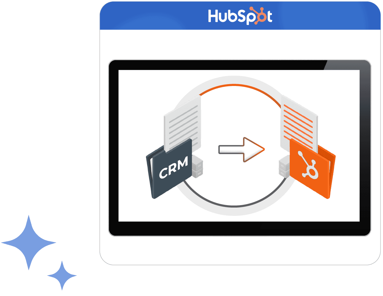Illustration of CRM data being migrated into HubSpot on a laptop screen