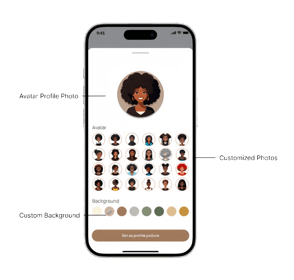 Avatar selection screen on mobile device- Avatars depict various women of color