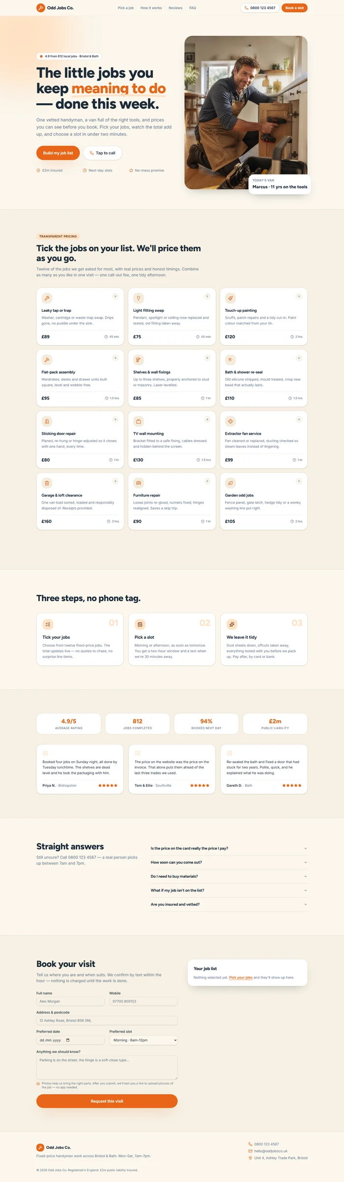 Full handyman website design: warm hero, job picker, rates, coverage, booking