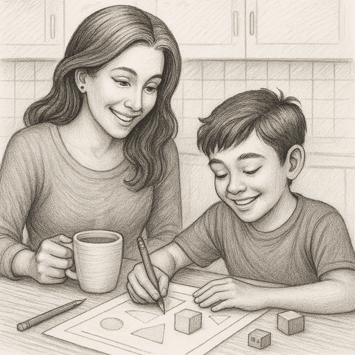 Parent guiding a child through a drawing lesson