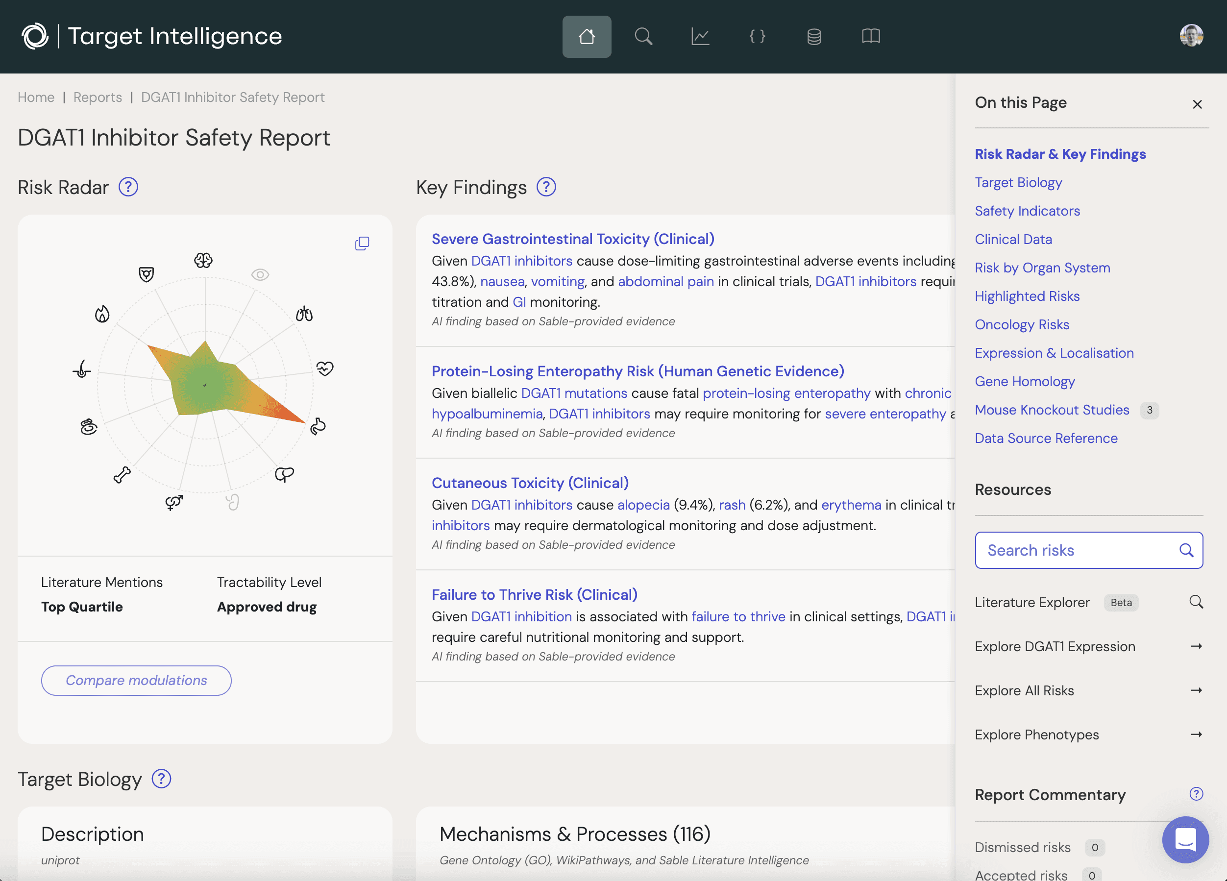 Screenshot of Sable Target Intelligence for a target highlighting the overall safety score, potential risk areas and highlighted phenotypes of interest.