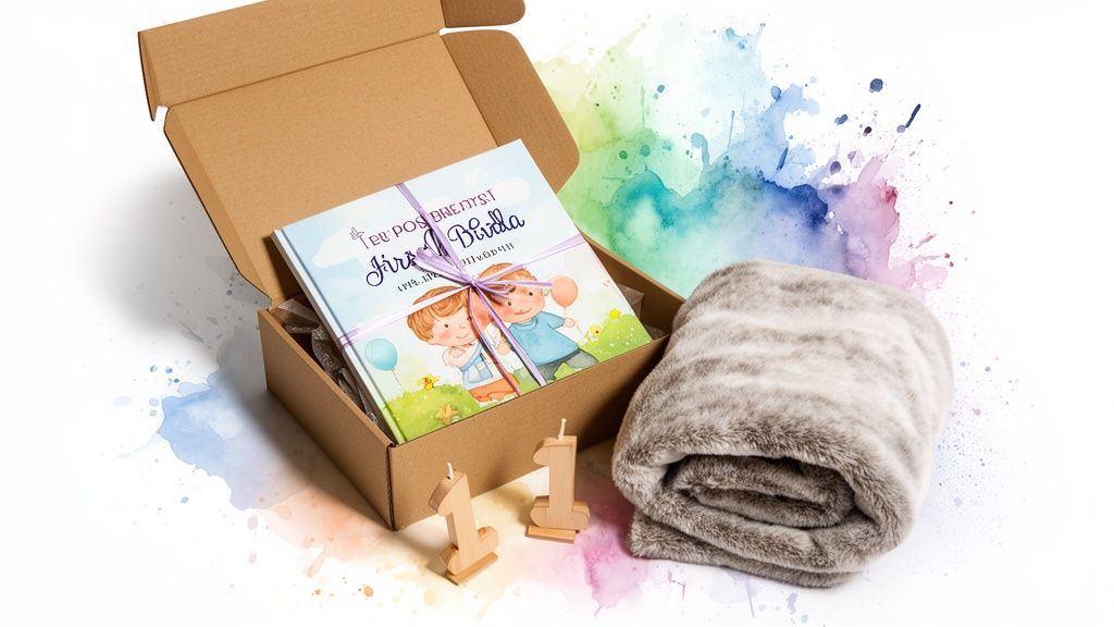 A first birthday gift set featuring an open box with a children's book, a soft blanket, and two '1' candles.