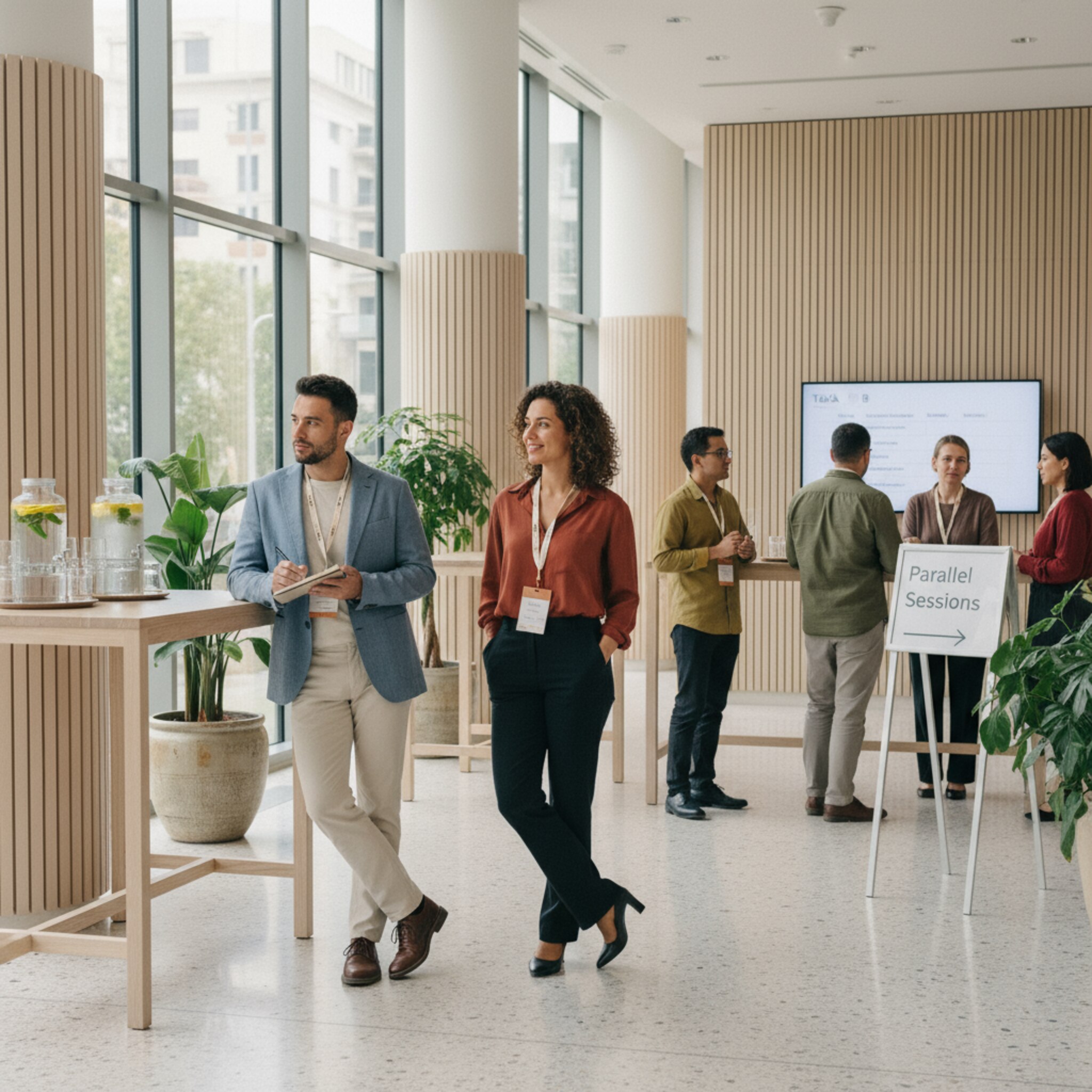 Ein heller Konferenzfoyer mit hohen Fenstern, in dem Teilnehmende mit Lanyards in kleinen Gruppen sprechen. Ein Aufsteller weist dezent zu parallelen Sessions, jemand notiert Zeiten in ein Notizbuch. Wasserstationen und Pflanzen schaffen Ruhe. Die Atmosphäre ist fokussiert, professionell und einladend.