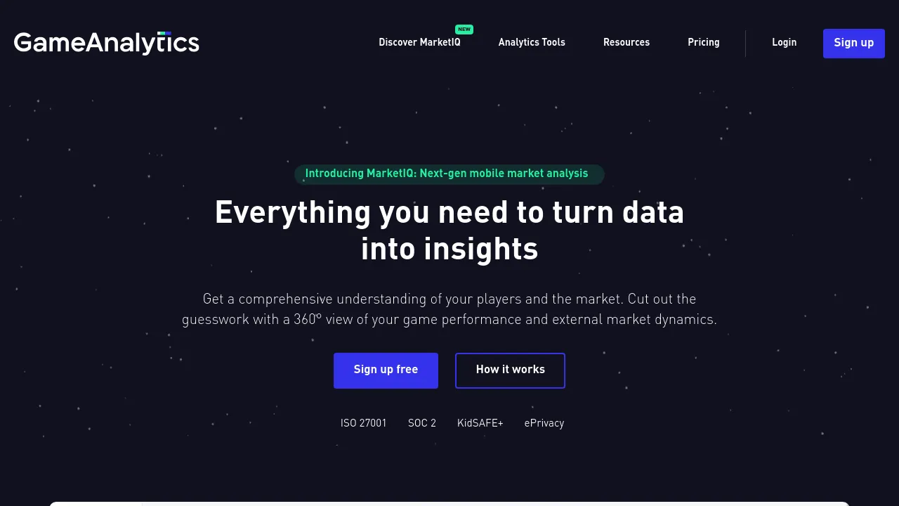 Screenshot of the GameAnalytics website presenting free analytics tools for game developers