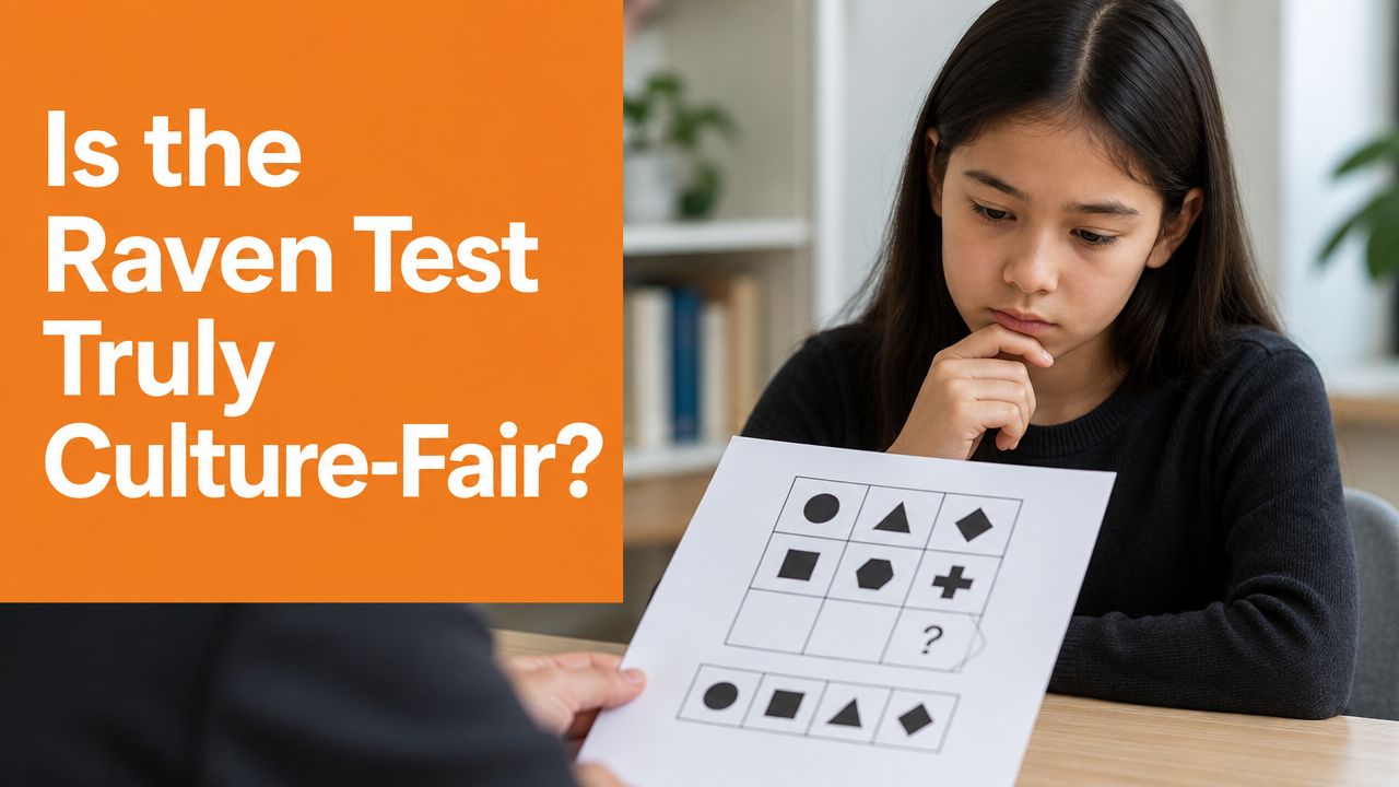 A young student looking thoughtfully at a Raven's Progressive Matrices test sheet during a cognitive evaluation.