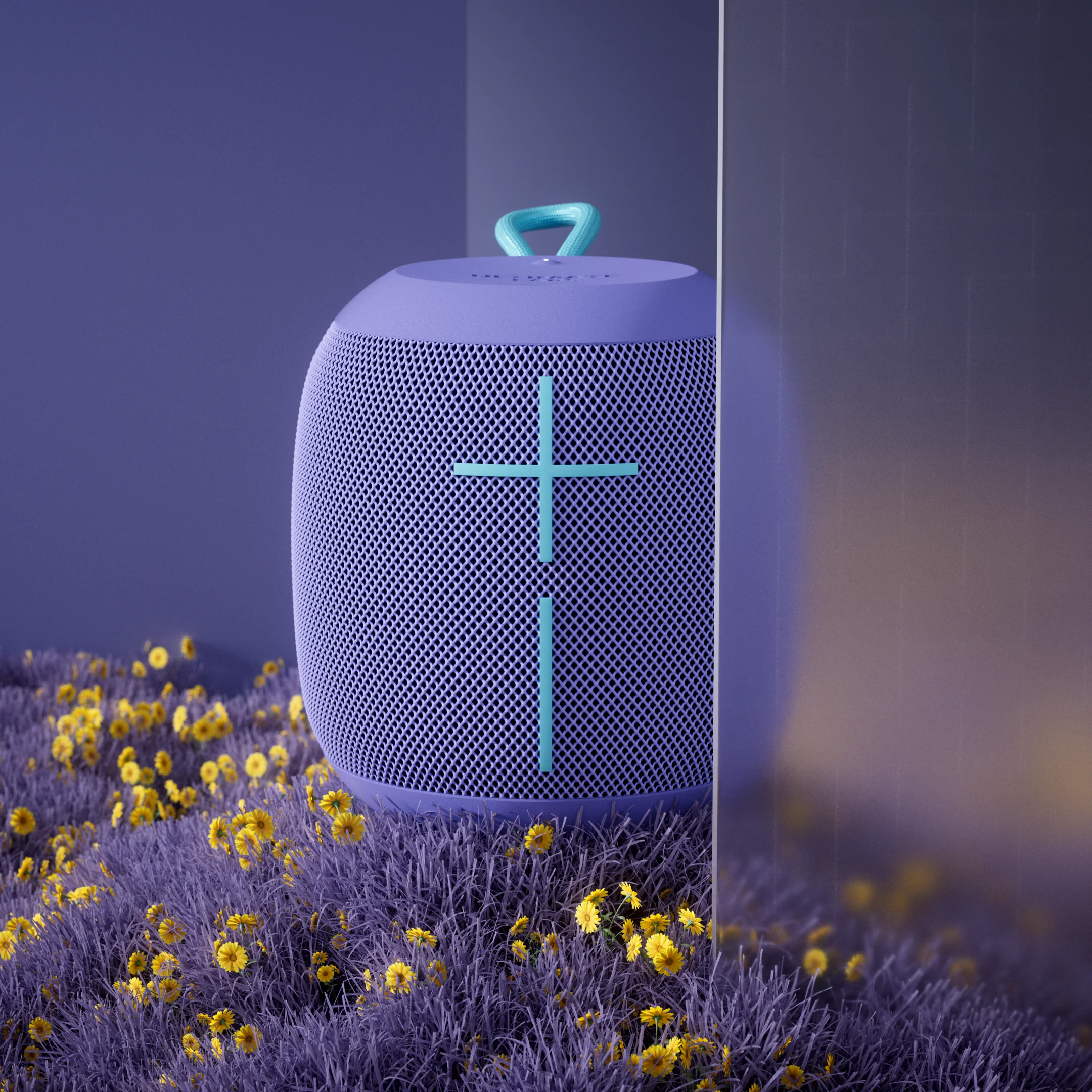Purple Ultimate Ears Wonderboom speaker with a teal loop standing in lilac grass and yellow flowers beside a frosted glass panel