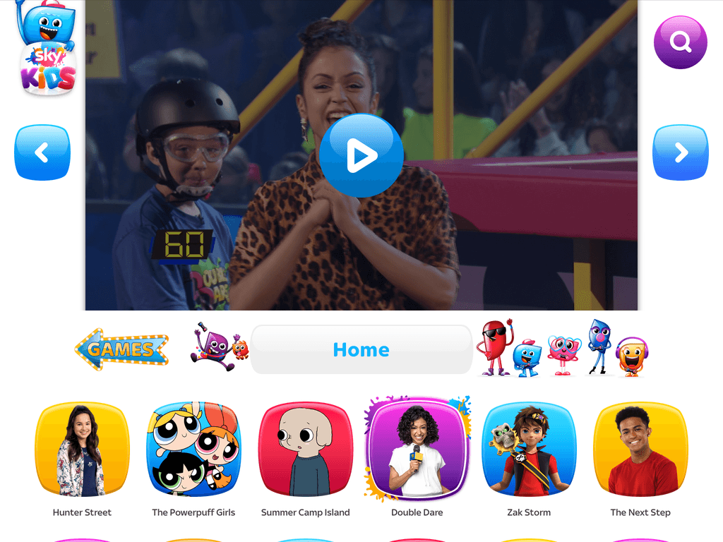 Sky Kids app screen showing side swipe functionality