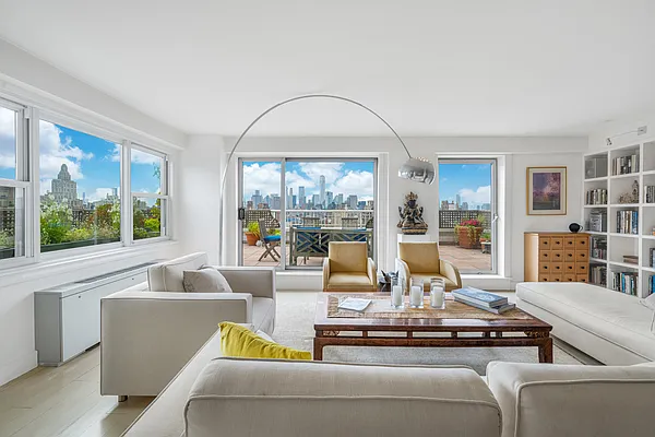 Living room and terrace at 101 West 12th Street apartment 18LM
