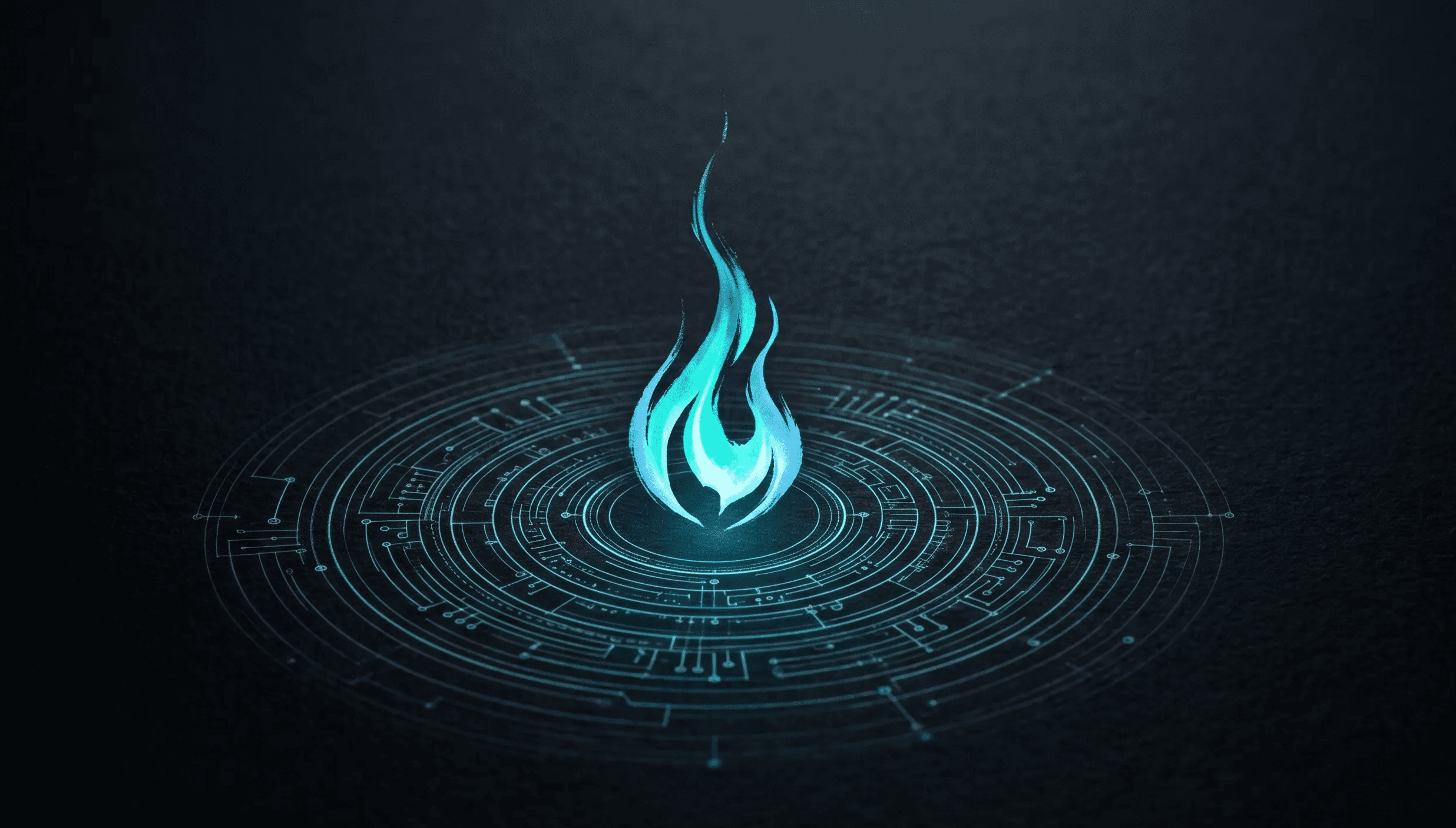 Cool teal digital flame with circuit ripple rings, Japanese minimalist ink art on black representing email domain warmup for cold outreach.