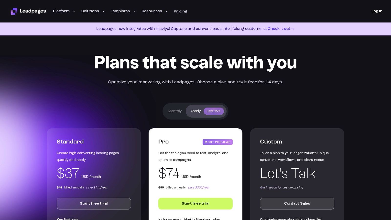 Leadpages pricing plans page showing different tiers and features