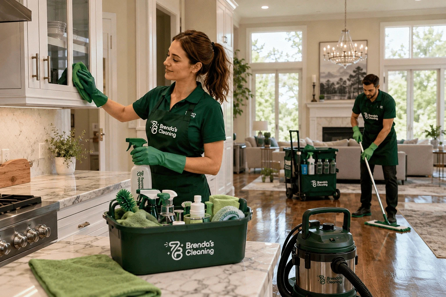 A green yard sign prominently displaying the white logo for Brenda's Cleaning placed in a manicured green grass lawn in front of a suburban home. In the background, a company-branded dark green crossover SUV service vehicle featuring the Brenda's Cleaning logo is parked on the street. The bright neighborhood setting features a two-story traditional residential house with white siding, black shutters, a welcoming front porch, and mature trees, highlighting dependable local residential maid services, professional home housekeeping, and reliable recurring cleaning services across Keller and Southlake, Texas.