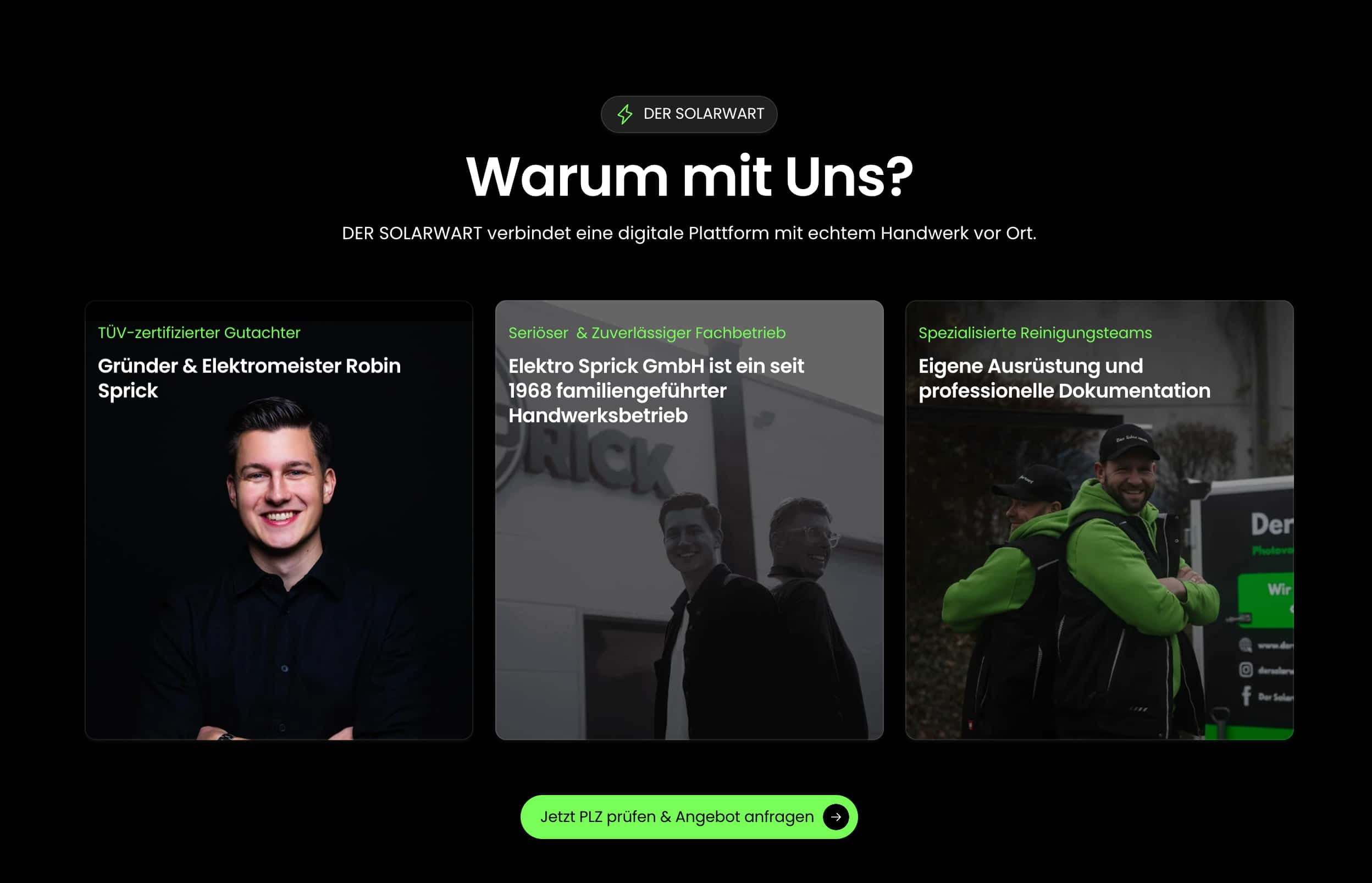 Argumentations-Sektion mit Fokus auf regionale Expertise und Meisterqualität im Solarbereich – Professionelles Webdesign für Solarfirmen von Webnity-X