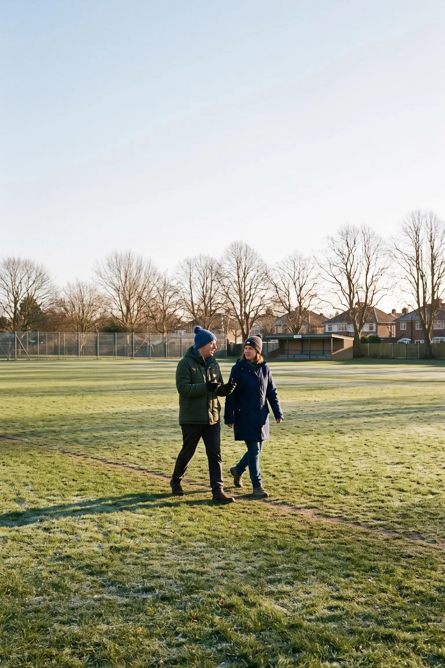 Two people walking briskly across a playing field together in low winter sun, talking