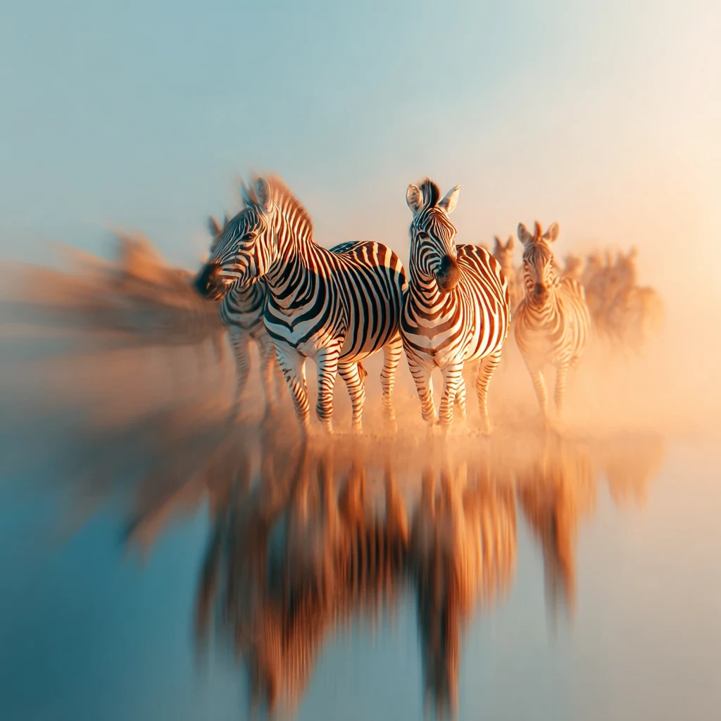 Peaceful zebras by a watering hole