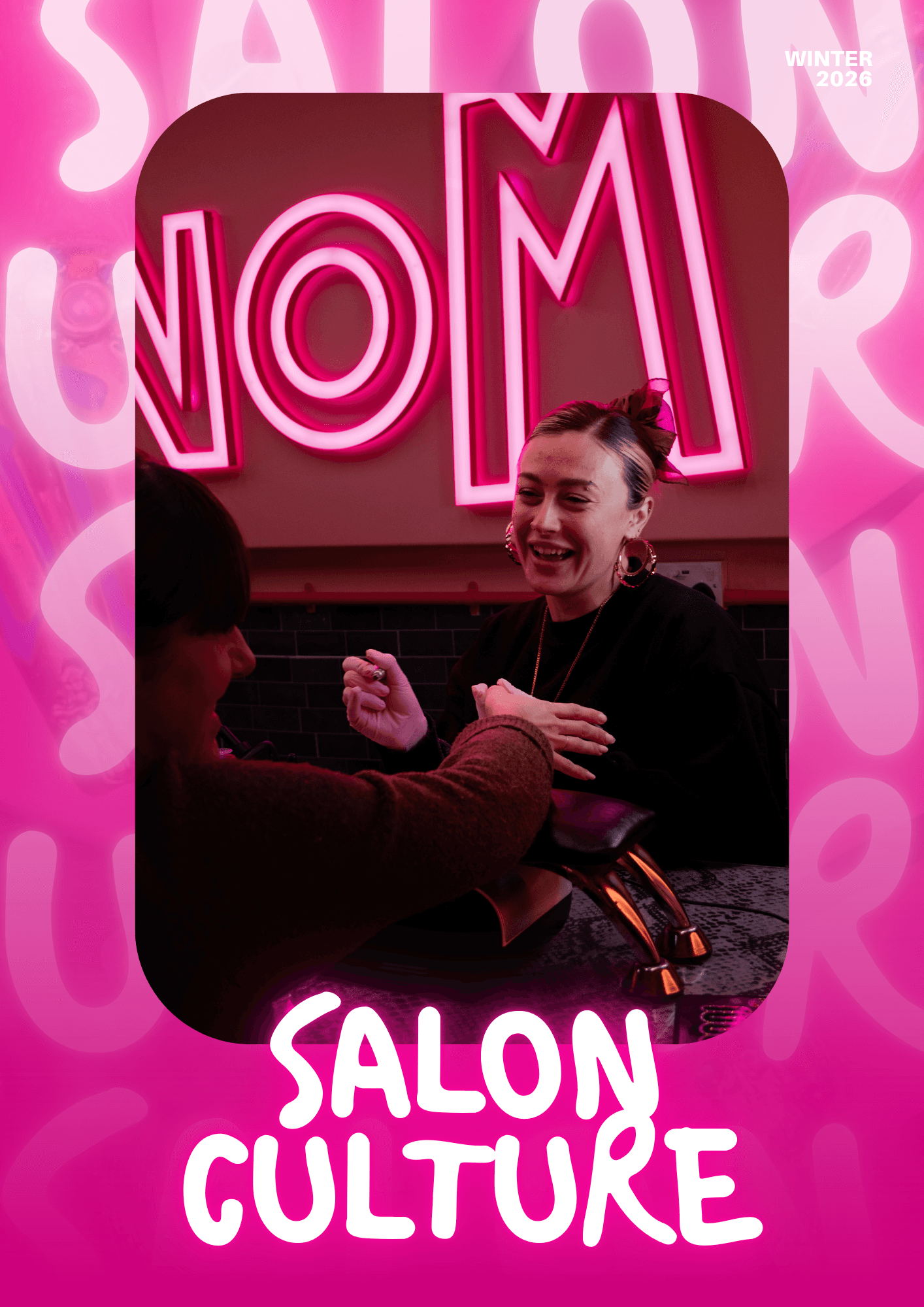 A winter 2026 editorial shot showing a nail technician with a pink hairbow laughing while working on a client's hand. A neon "VENOM" sign glows pink in the background.