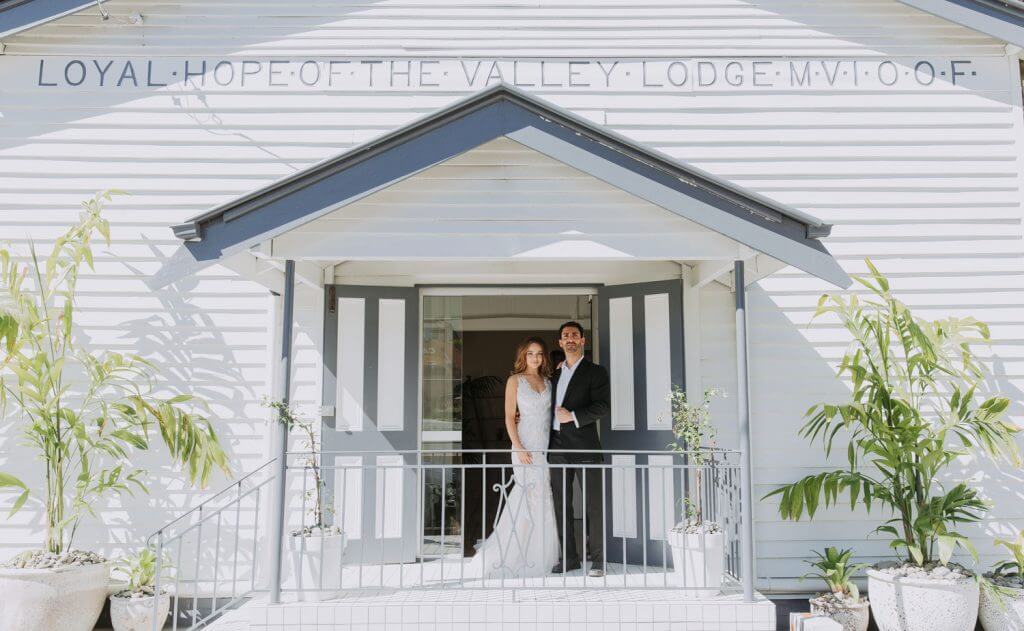 Bride and Groom outside of Loyal Hope