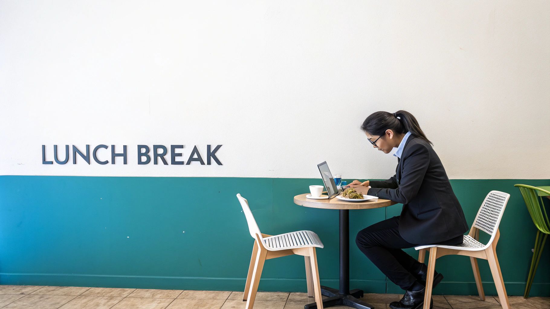Professional businesswoman eating lunch while working on laptop during office lunch break