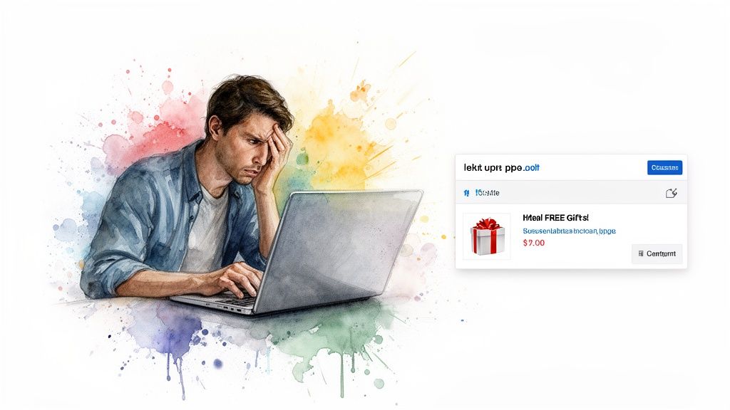 A man looks frustrated while using a laptop, displaying search results for 'FREE Gifts!' at $7.00.