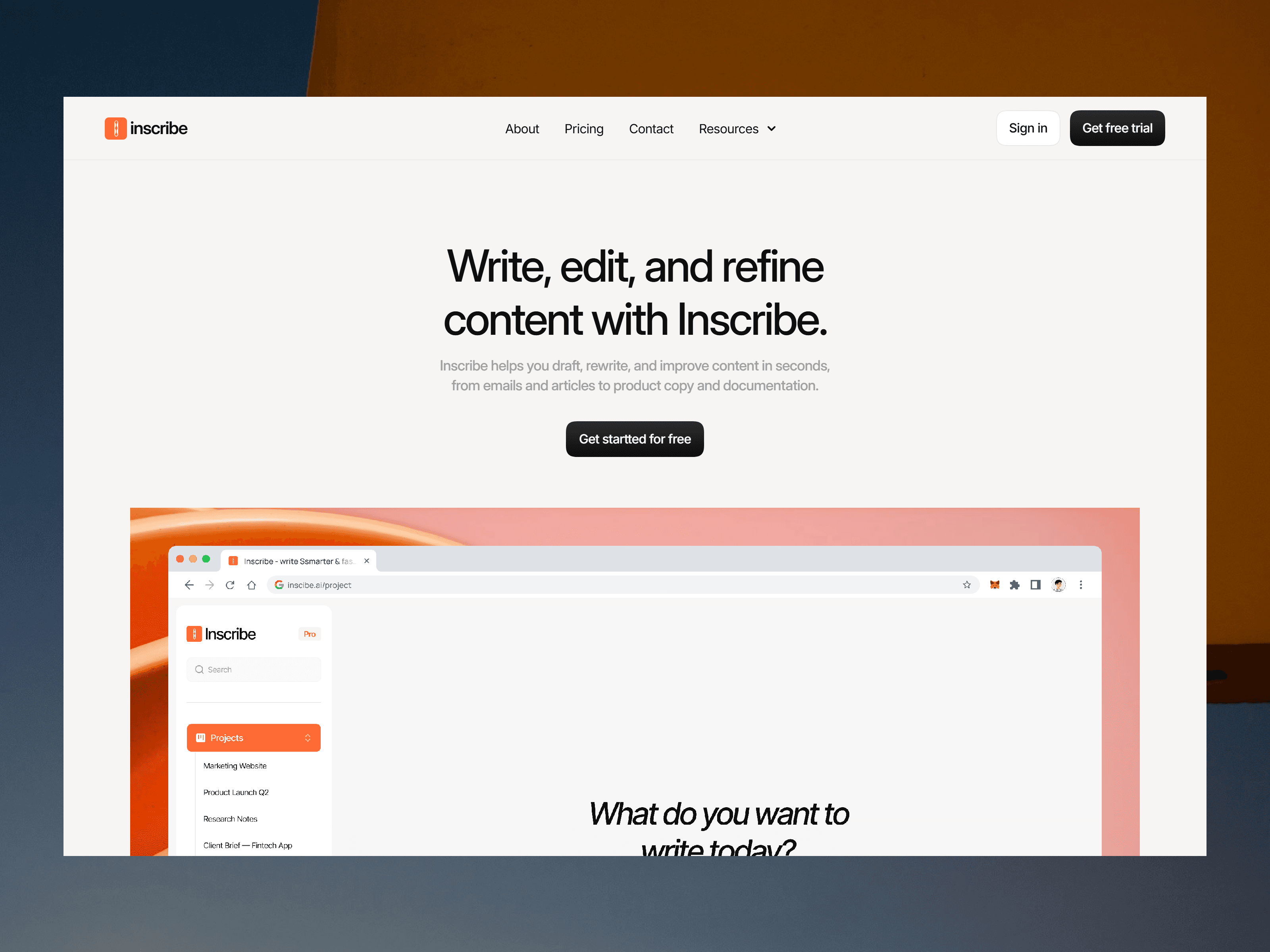 Inscribe landing page — B2B SaaS writing and workflow platform with a clean, light UI and structured content sections