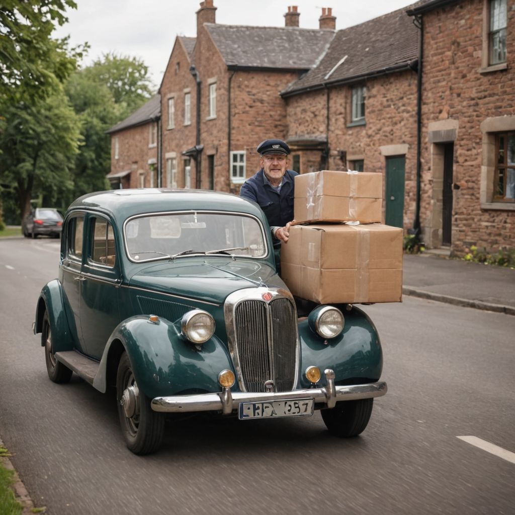 man doing a delivery on an old car