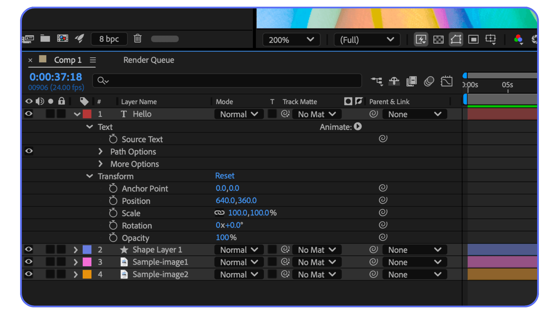 After Effects timeline showing text and shape layers with transform properties and clean layer hierarchy