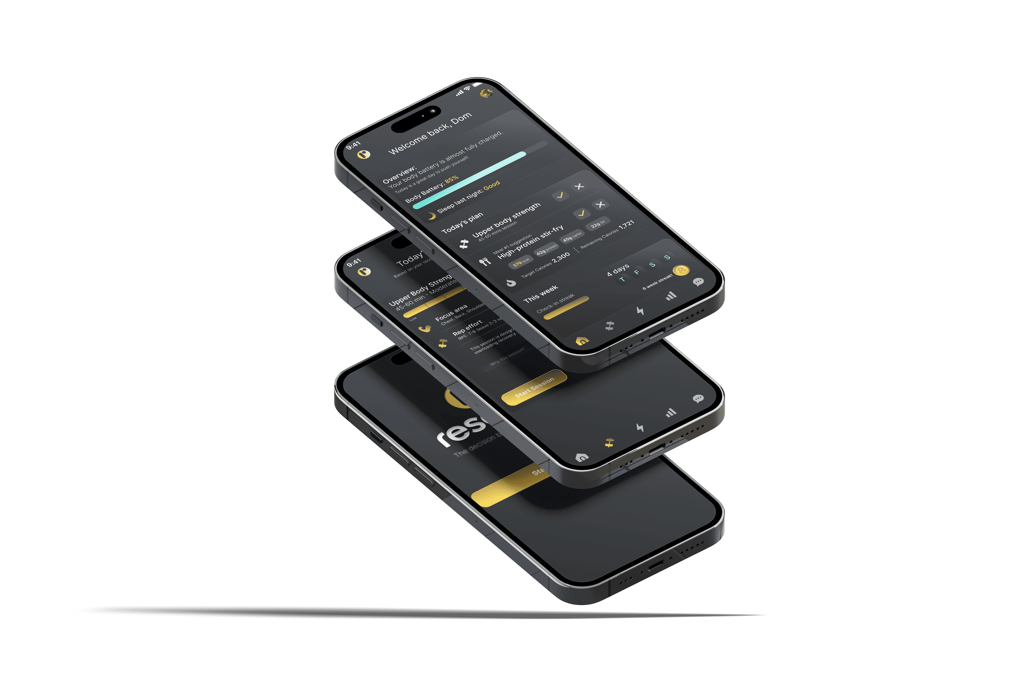 Mobile Phone mockup displaying the Resolve Fitness App
