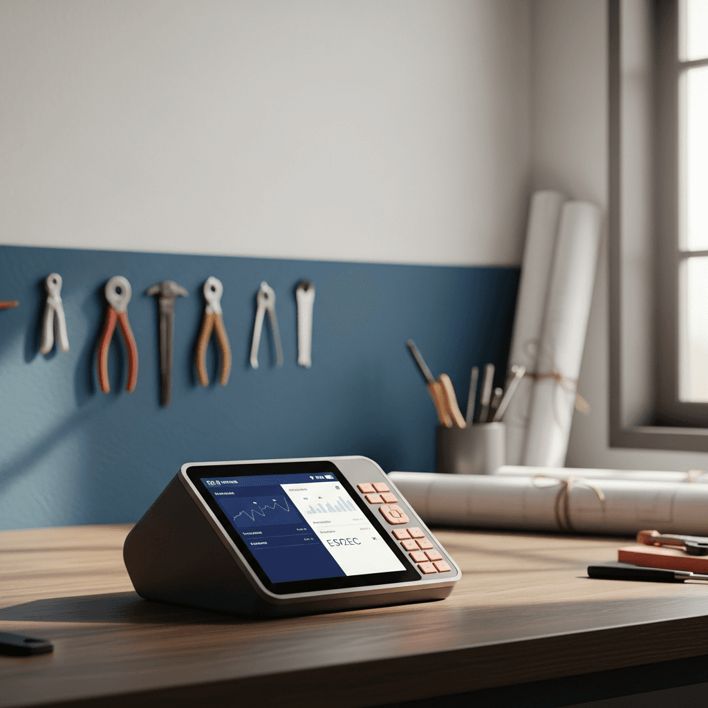 Editorial photograph of a clean, minimalist workshop. A single, well-crafted physical prototype of a financial data terminal sits on a dark wood workbench under soft, natural light. In the background, out of focus, are organized tools and architectural blueprints. Aspect ratio 16:9, with ample negative space in the upper-left for text overlay. Color palette includes brand colors #1F3B5B (deep blue), #E76F51 (terracotta accent), and #F5F2EC (warm off-white). Photorealistic, calm, and focused. No text, no logos, no watermarks.