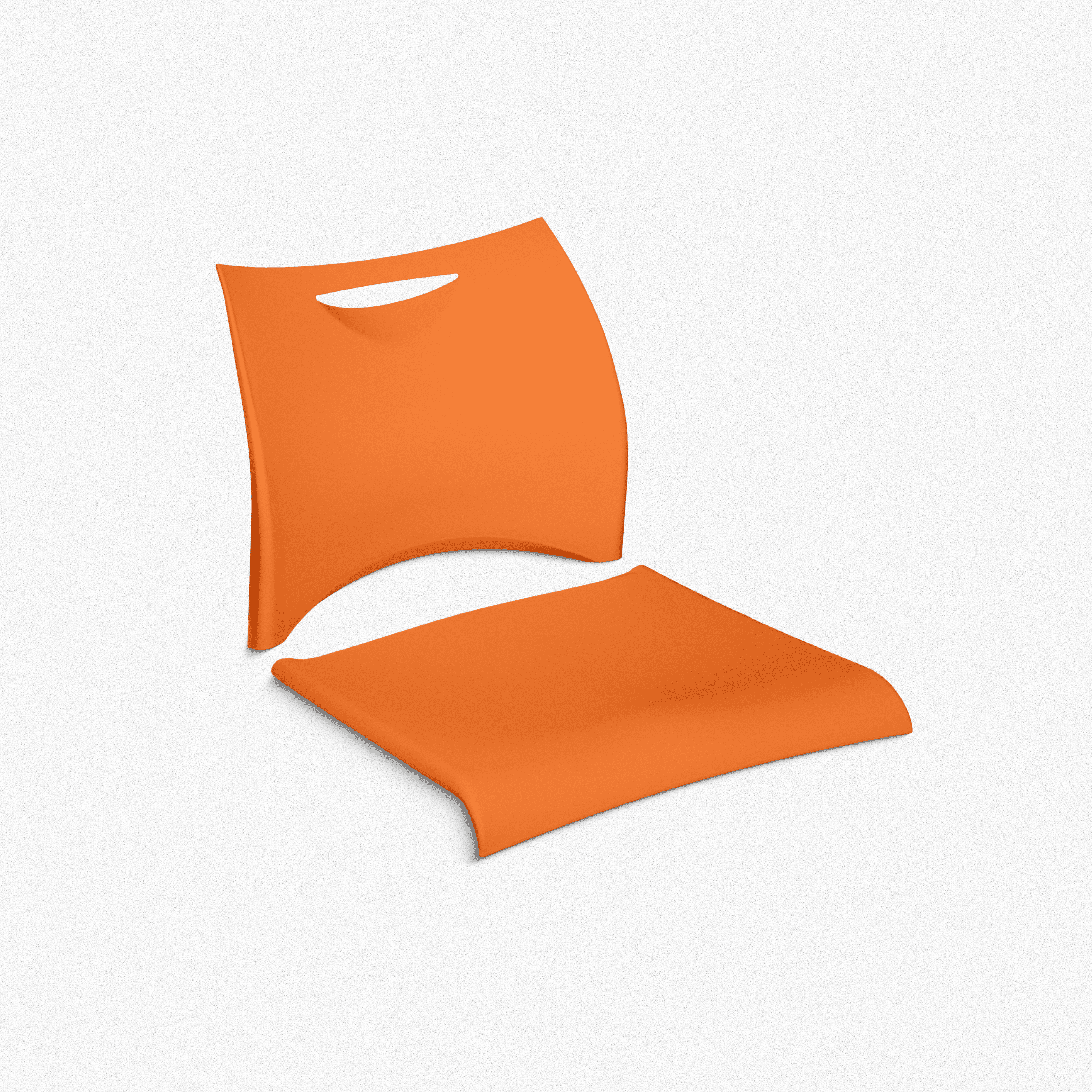 An orange chair with a modern design, featuring a curved backrest and a flat seat.