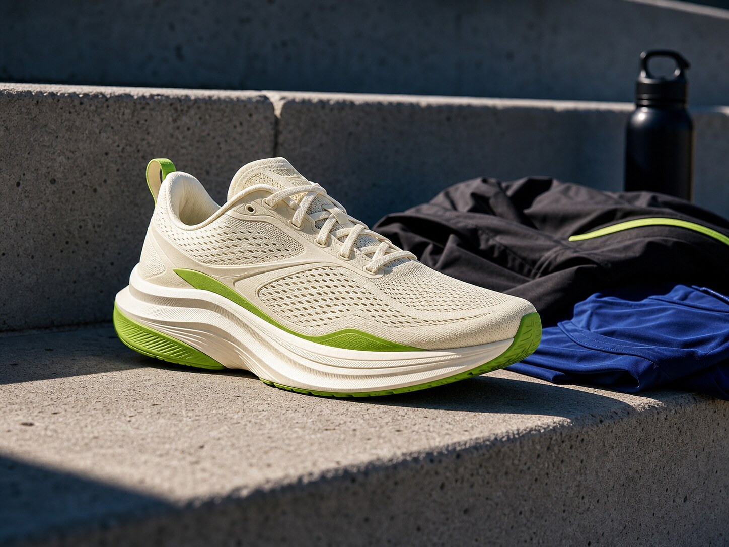 Cream running shoe with electric green accents in a polished activewear lifestyle scene.