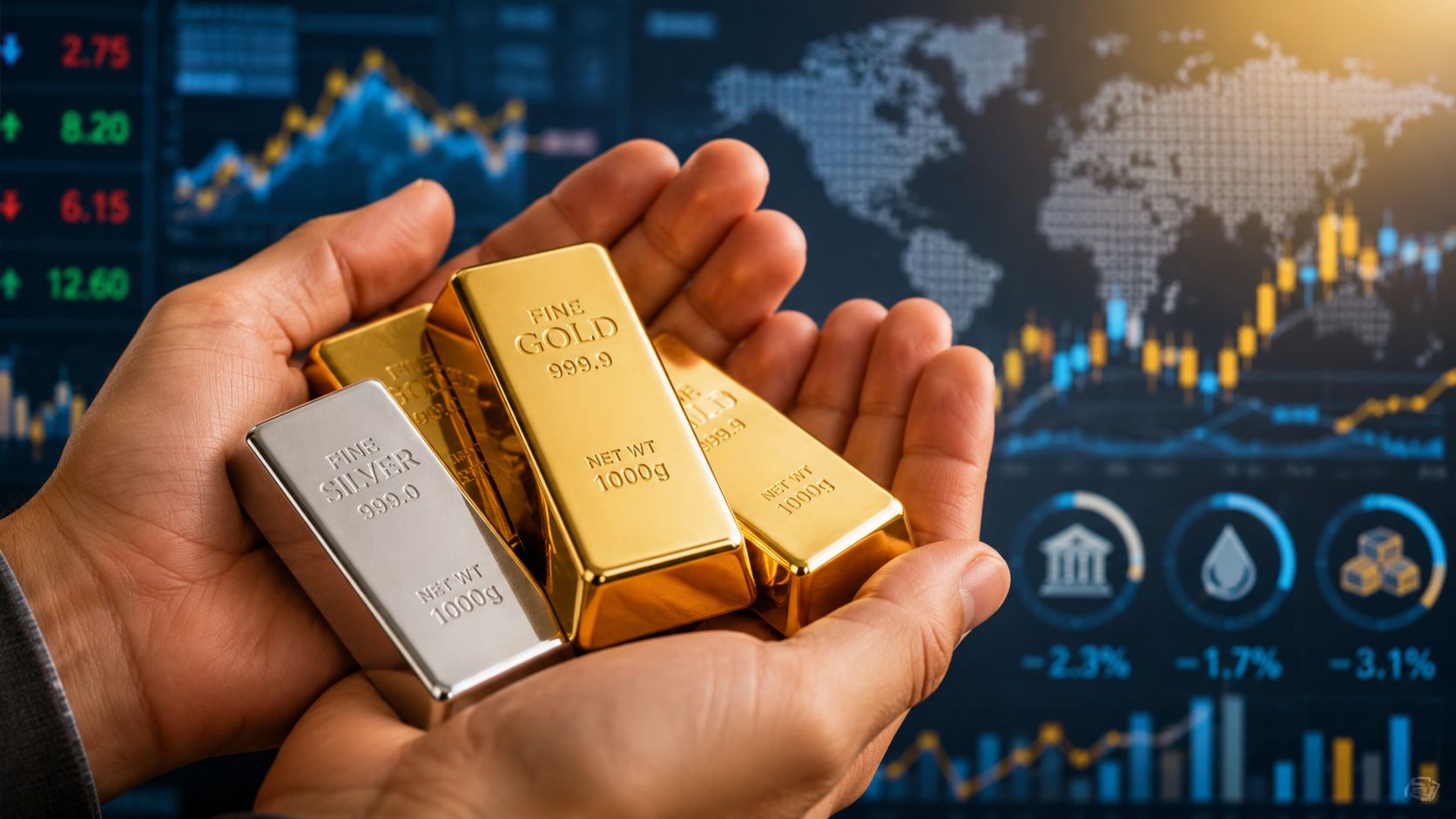 A person holding gold and silver bars against a backdrop of global financial trading data charts.