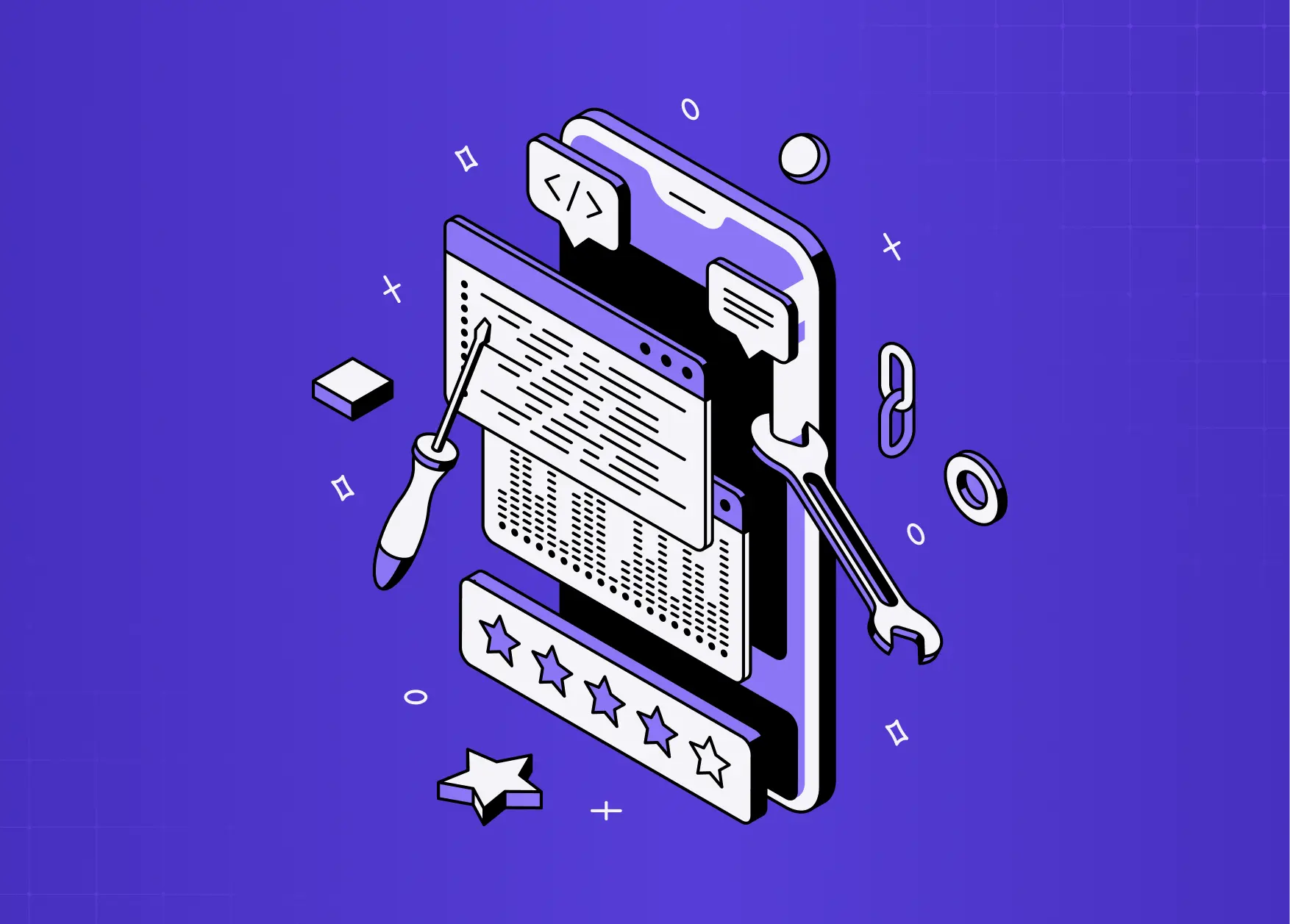 Isometric illustration of a website development workspace featuring code panels, UI components, tools, and floating interface elements on a purple background.