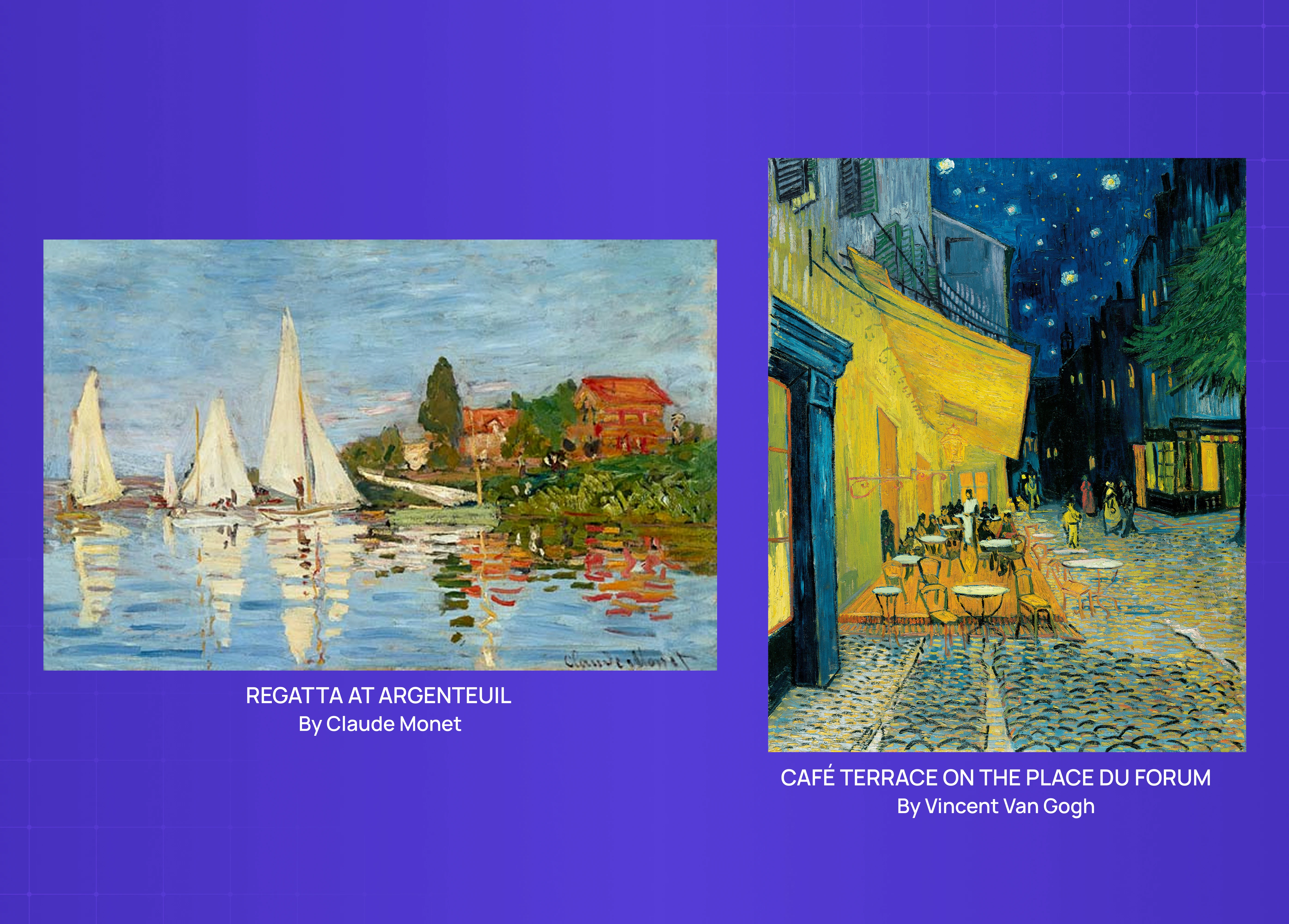 Artwork examples by Claude Monet and Vincent Van Gogh demonstrating the use of split-complementary colors in fine art paintings.