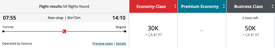 Aeroplan Business class flight from Toronto to Bogota
