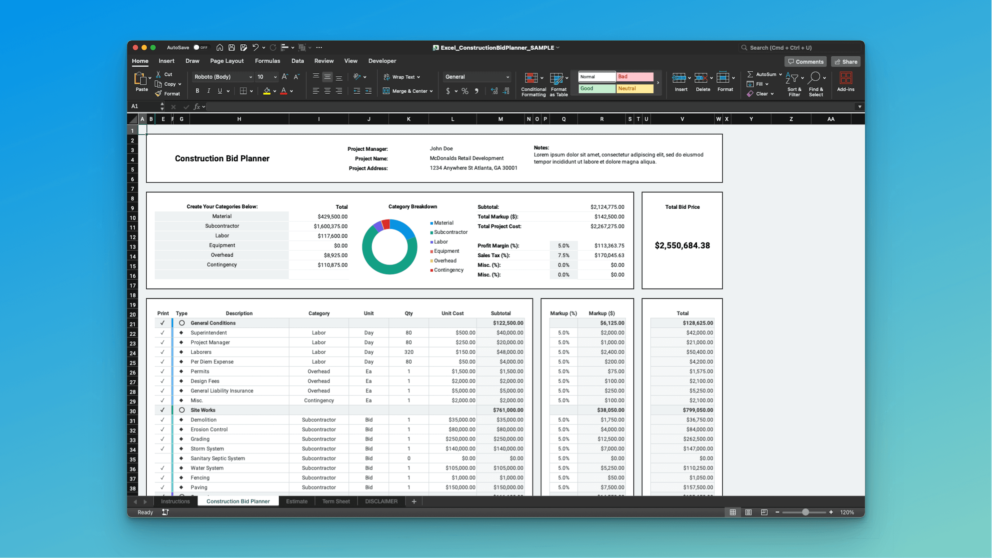 Mighty Template Construction Bid Template dashboard in Excel – category breakdown pie chart, total markup, project cost, and detailed estimate print table with subtotals