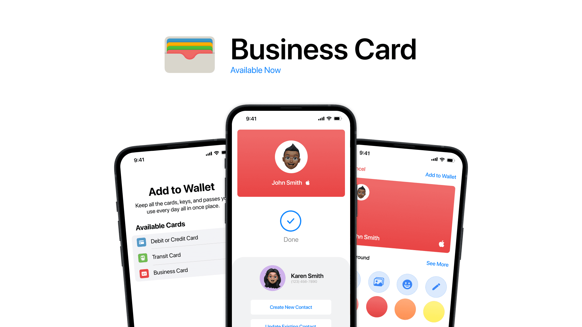Promotional image showing Apple Wallet’s new Business Card feature with three smartphones displaying the interface. The center phone shows a completed contact transfer for “John Smith,” while the others show customization options and the ability to add business cards alongside debit and transit cards.