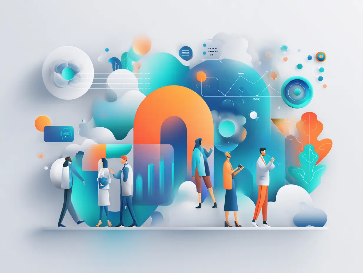 Creative digital scene with professionals interacting before a massive question mark-shaped pipeline and dynamic business charts, emphasizing customer journey mapping and business strategy."