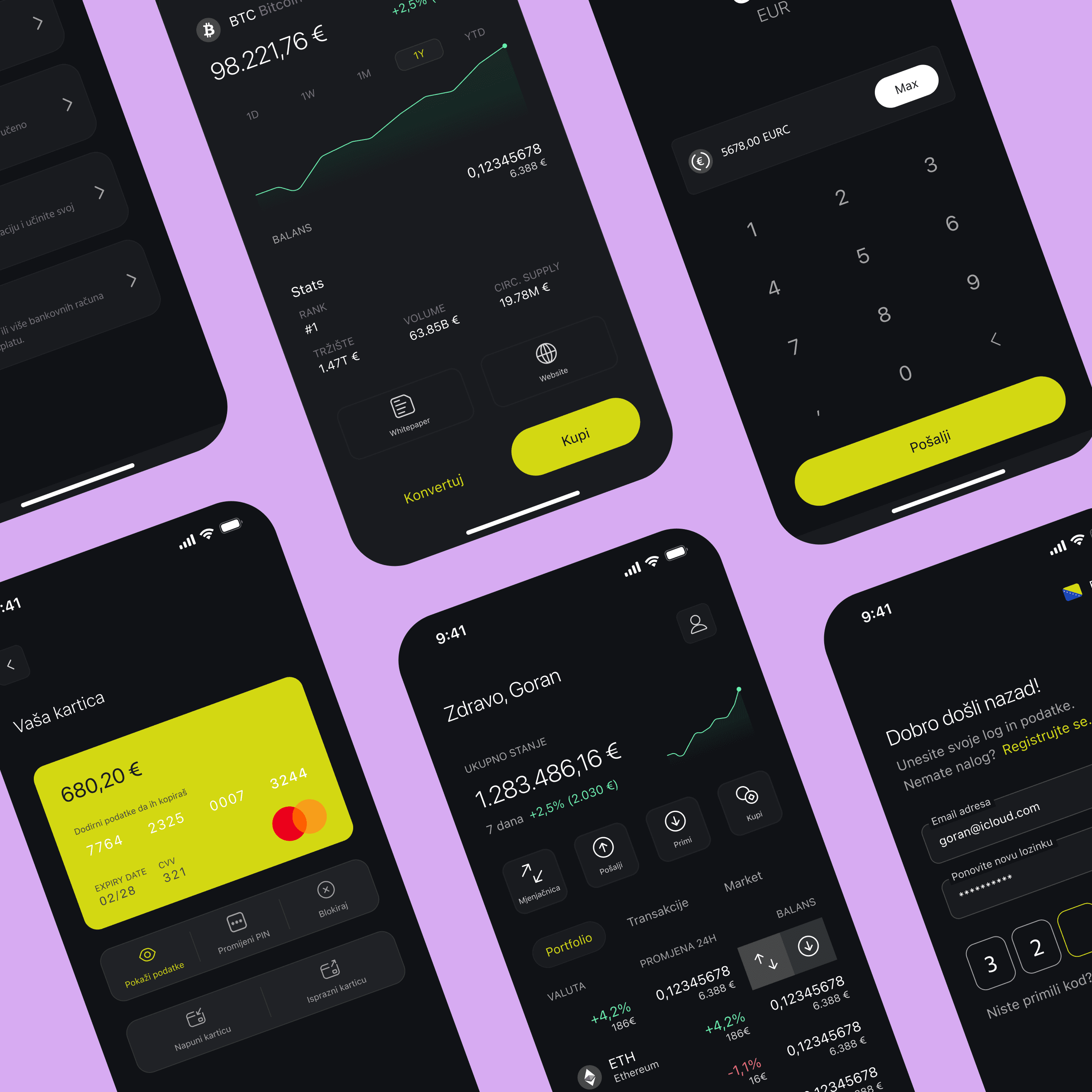 A selection of mobile screens showcasing some of the app's features, incl. dashboard, wallet, currency details etc.