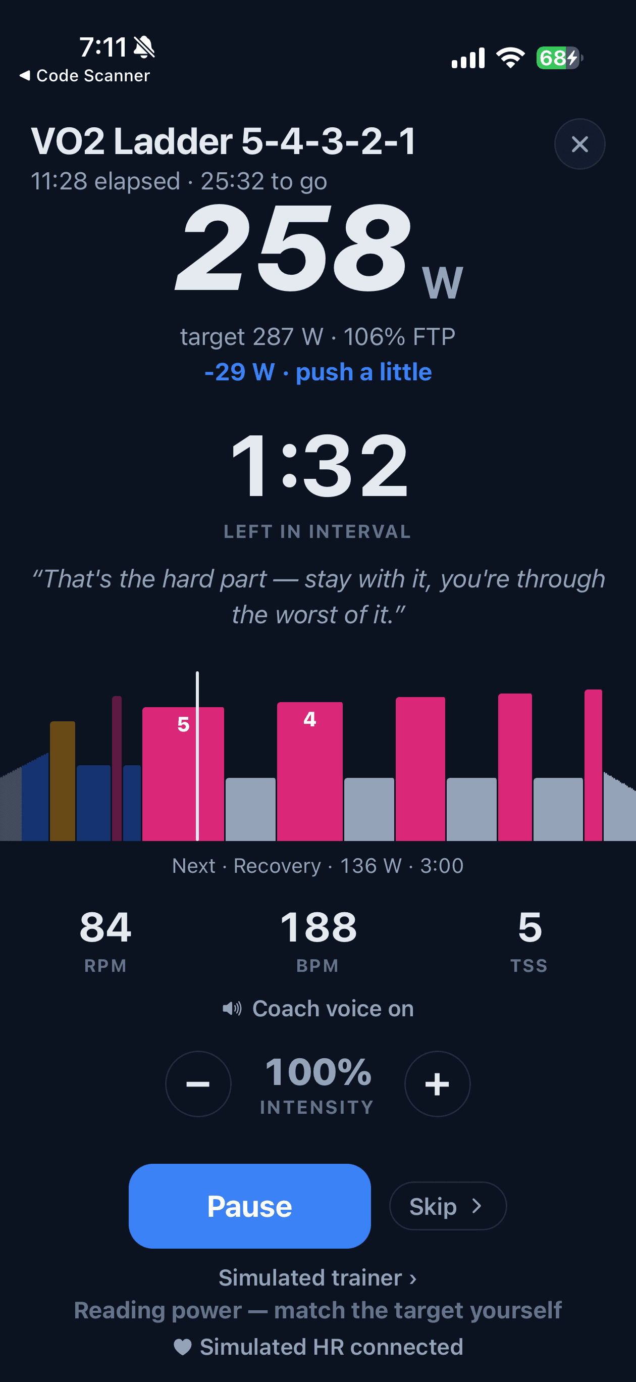 Coach's Call live VO2 workout showing current power, interval countdown, coach encouragement and workout profile