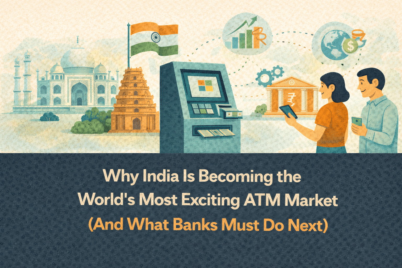 Flat-style digital illustration showing India’s ATM market growth, with iconic landmarks such as the Taj Mahal and a temple in the background. In the center, an ATM connects users to digital and financial services, while two people on the right use a smartphone and interact with banking technology. Icons above represent currency, growth, and global connectivity. The background is light beige with navy, teal, and orange tones, and a navy-blue bar at the bottom displays the blog title in bold white text: ‘Why India Is Becoming the World's Most Exciting ATM Market (And What Banks Must Do Next)’.