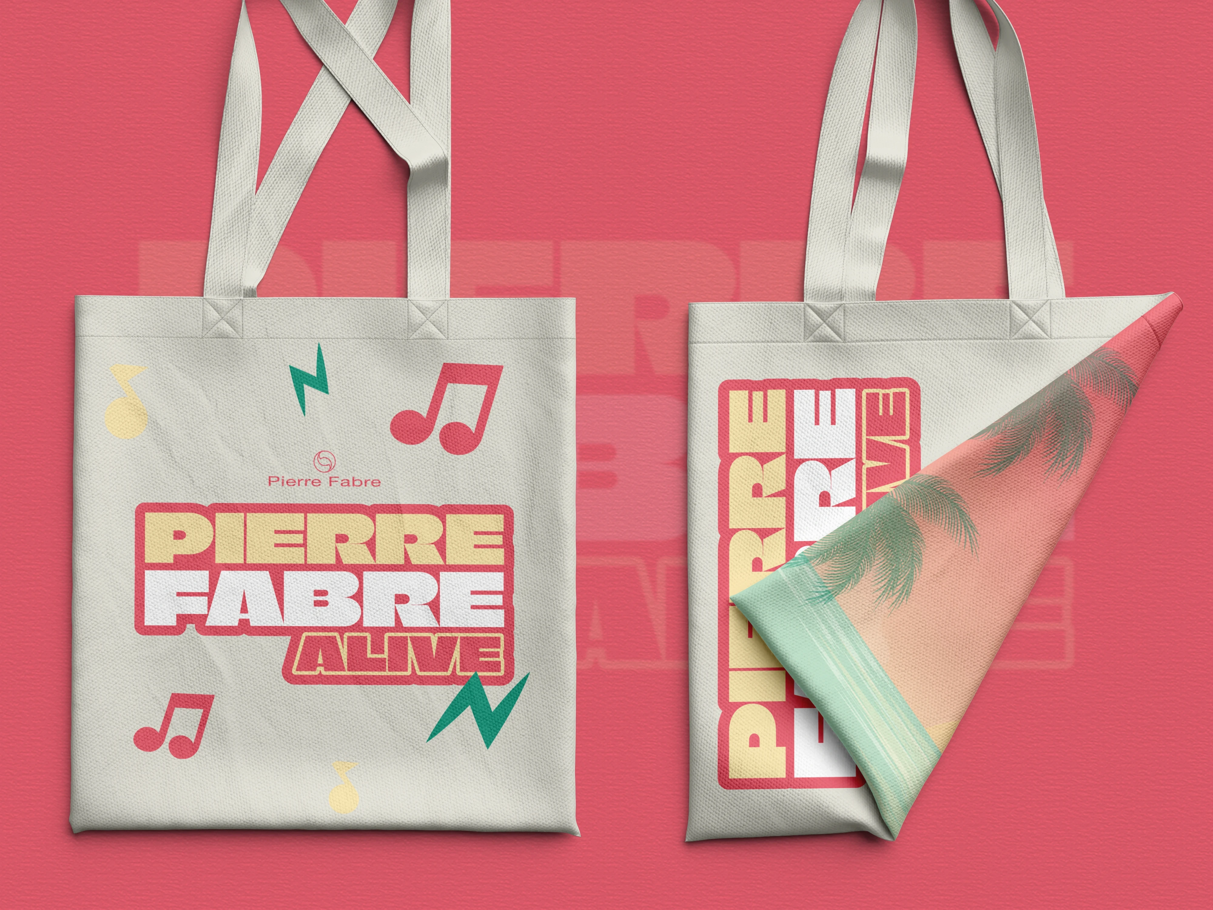 Branded tote bag design for Pierre Fabre corporate event featuring summer festival themed event merchandise.