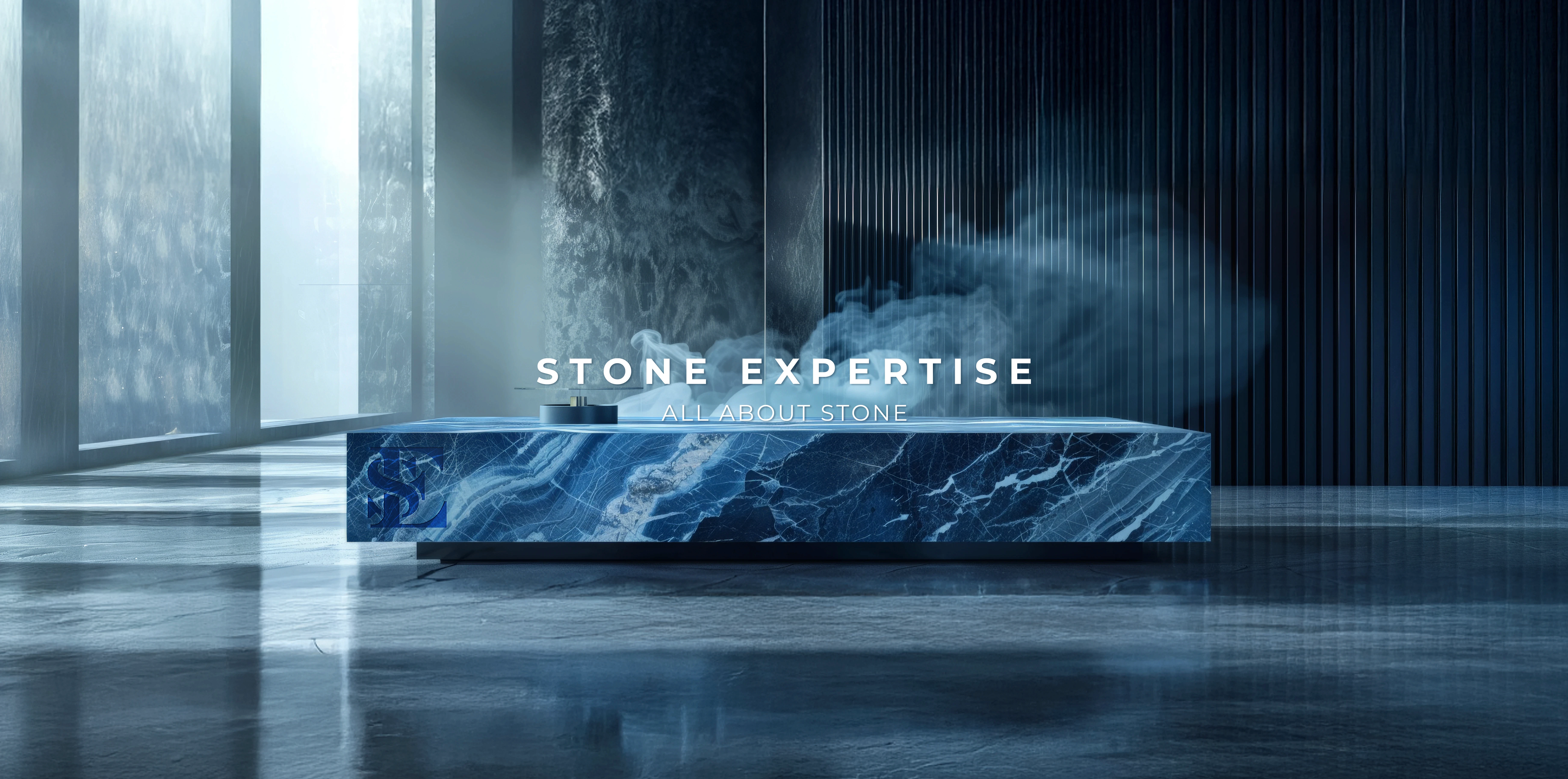 Luxury branding for Stone Expertise natural stone consultancy featuring logo typography over blue marble surface in a modern architectural interior.