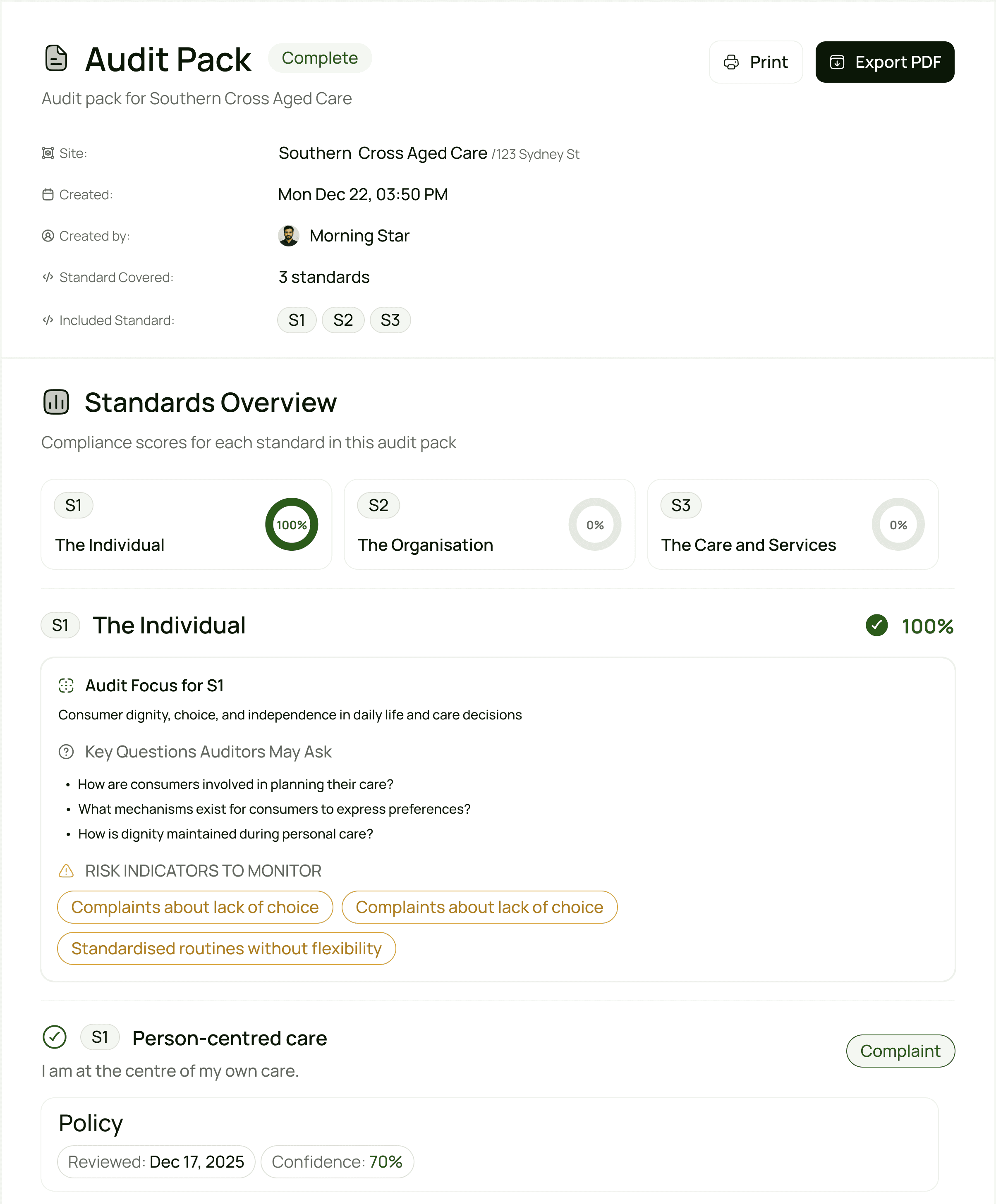 Detailed compliance task view with notes, evidence attachments, and progress updates