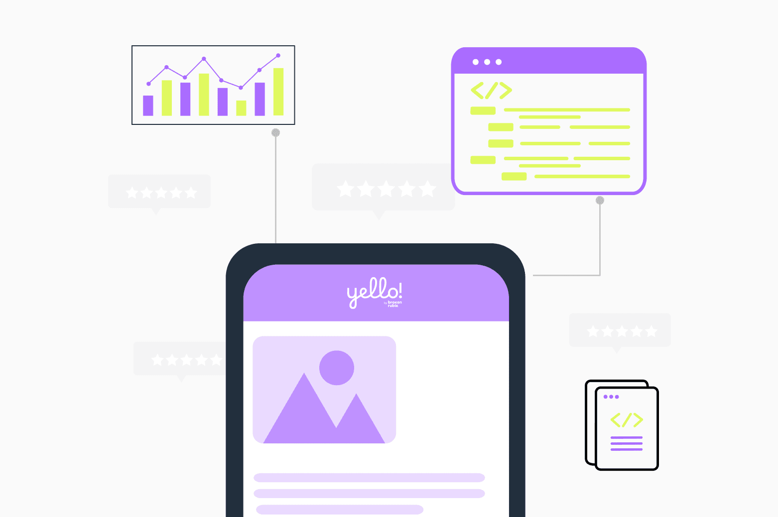 Mobile illustration on the Yello! blog with graphics and programming elements