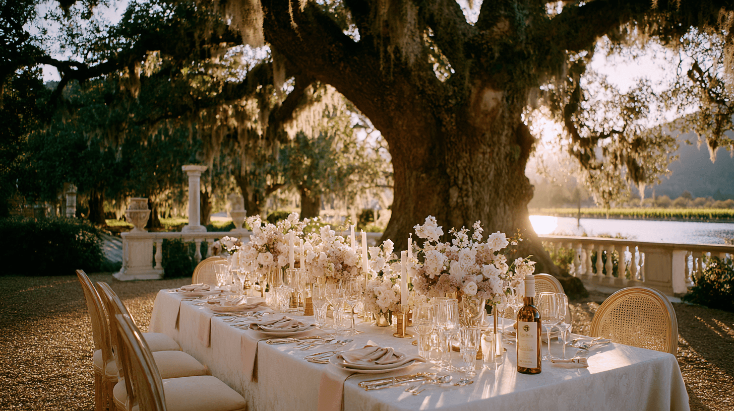 Romantic place setting with flowers at an outdoor garden dinner