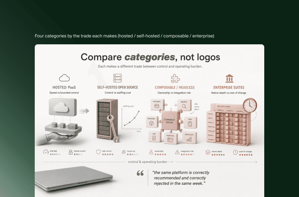 Vier Kategorien von E-Commerce-Plattformen nach Abwägung: Hosted PaaS, Self-hosted Open Source, Composable, Enterprise-Suiten