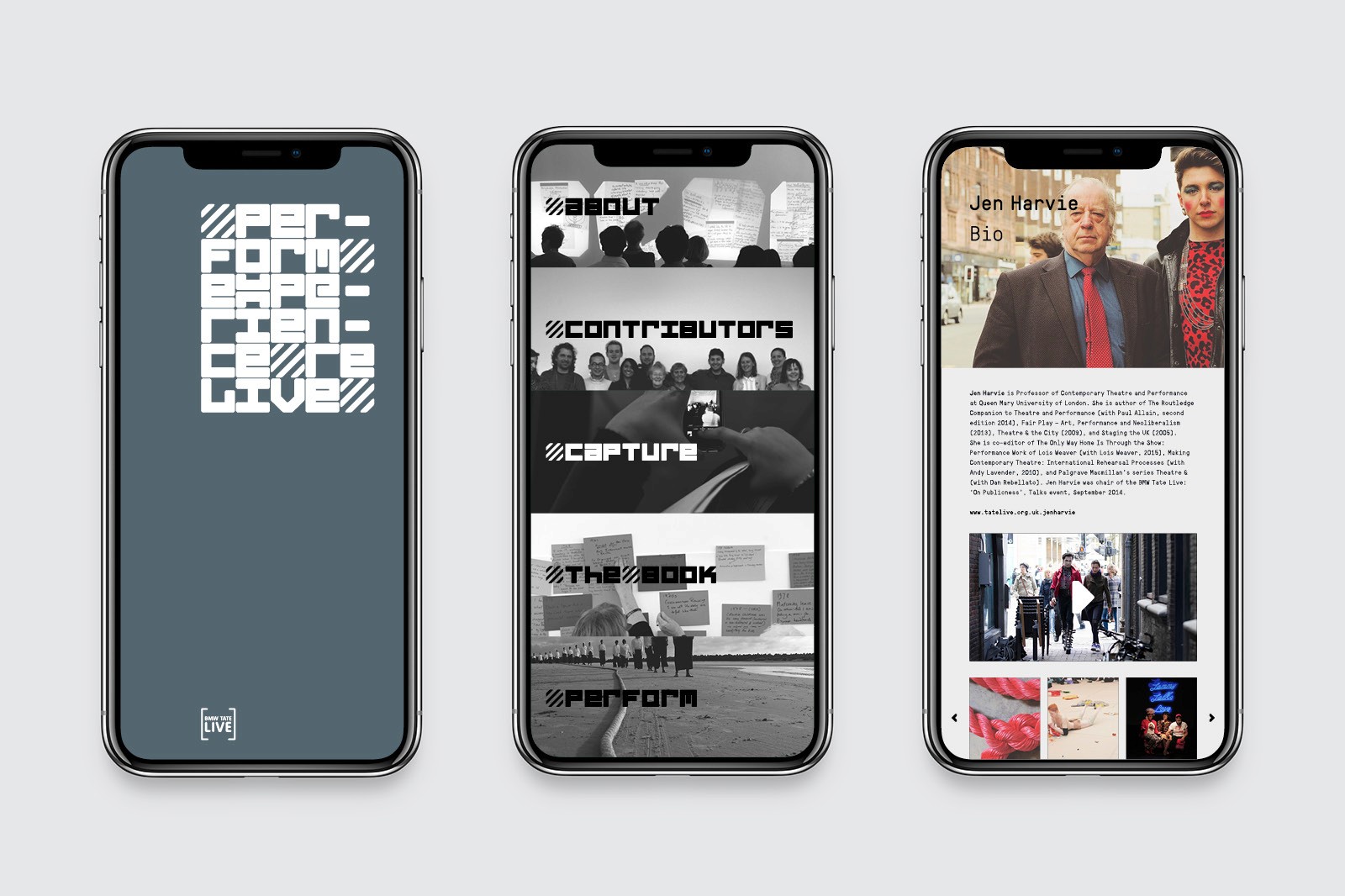 Three smartphones display app interfaces with various images and text on a light background.